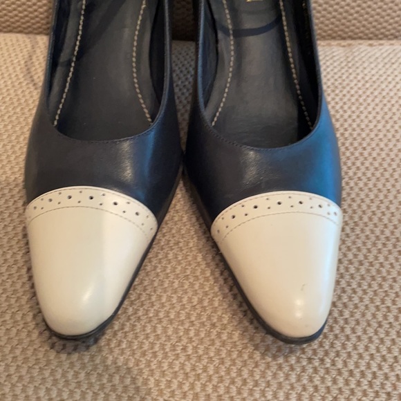Ralph Lauren navy and cream strappy heels. - Picture 2 of 6